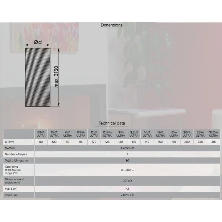 15VA ULTRA, Hliníkový flexibilní vlnitý vzduchový kanál, D do 3,1 m, průměr 150 mm