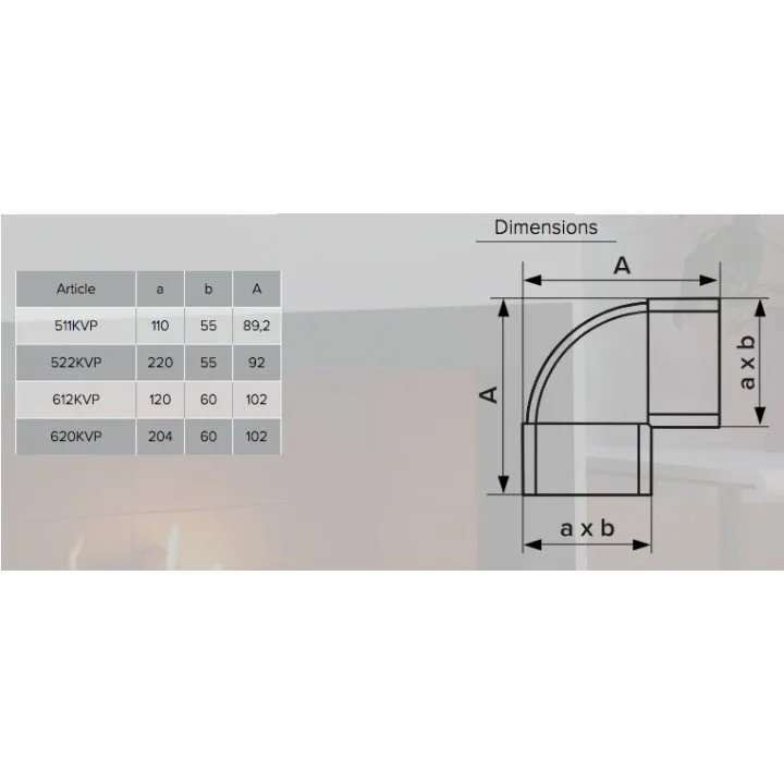 90°-os függőleges könyök téglalap alakú csőhöz 220x90mm | 922KVP