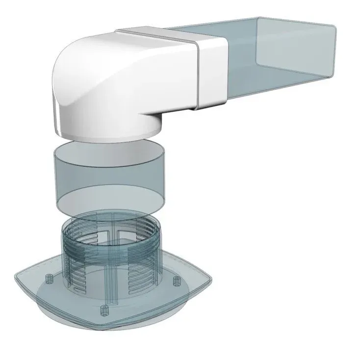 90° connector between rectangular duct 60x204 and round duct D100