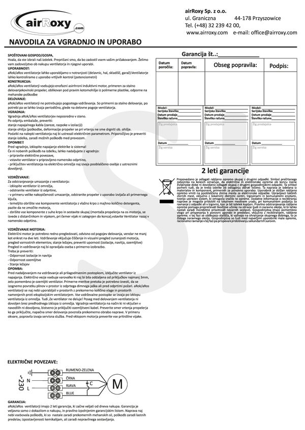 aRos/aRok Ventilátor – Kézikönyv és garanciajegy (SL)