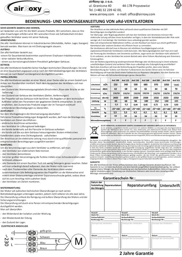 aRd Ventilátor – Kézikönyv és garanciajegy (DE)