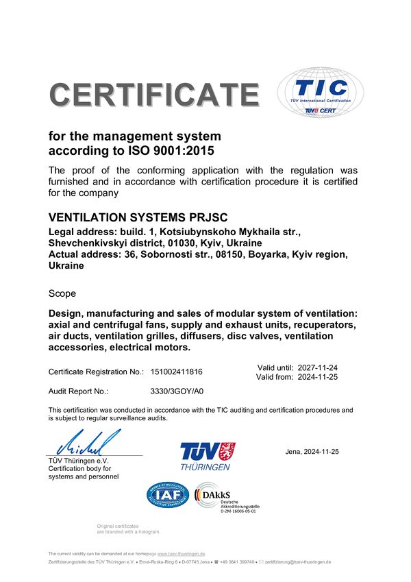 VENTS - ISO 9001:2015 certificate
