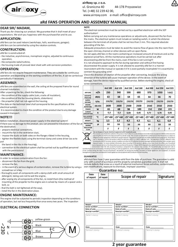aRd Ventilátor – Kézikönyv és garanciajegy (EN)