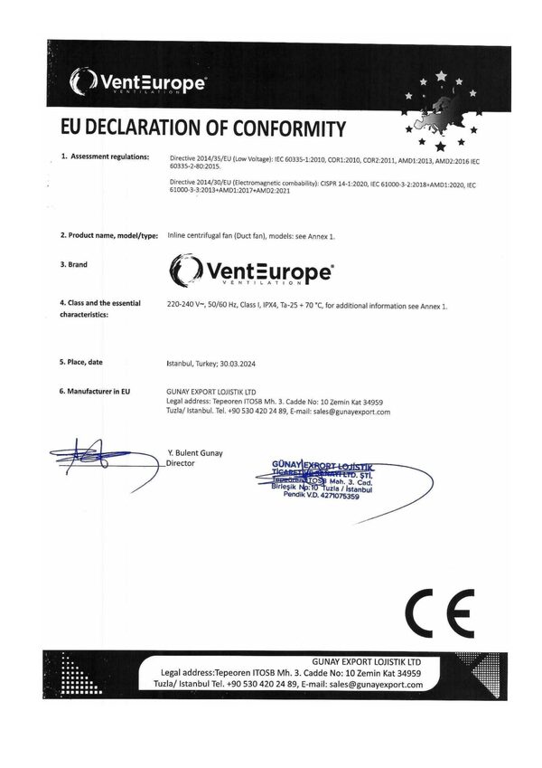 VentEurope Squall / Twister – Megfelelőségi nyilatkozat