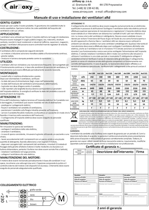 aRd Ventilátor – Kézikönyv és garanciajegy (IT)