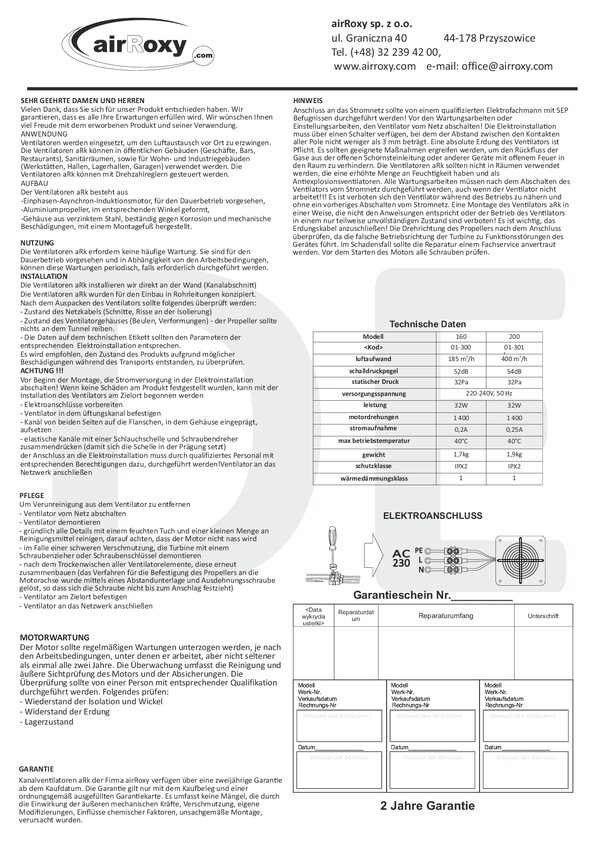 aRk Ventilátor – Kézikönyv és garanciajegy (DE)