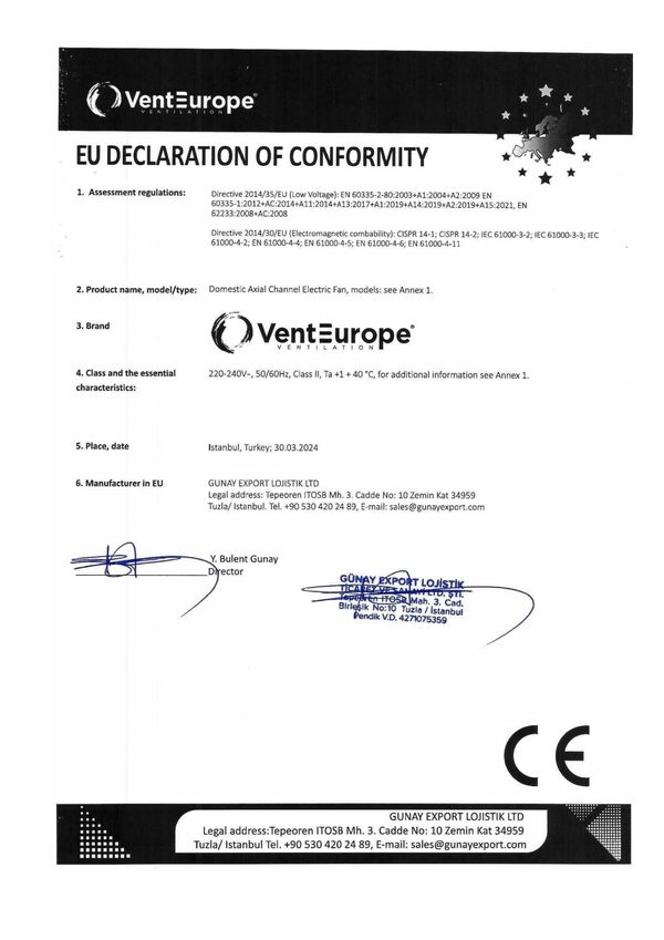 VentEurope háztartási ventilátorok – Megfelelőségi nyilatkozat