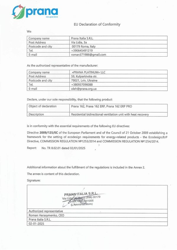 PRANA 162 ERP / ERP PRO – EU megfelelőségi nyilatkozat