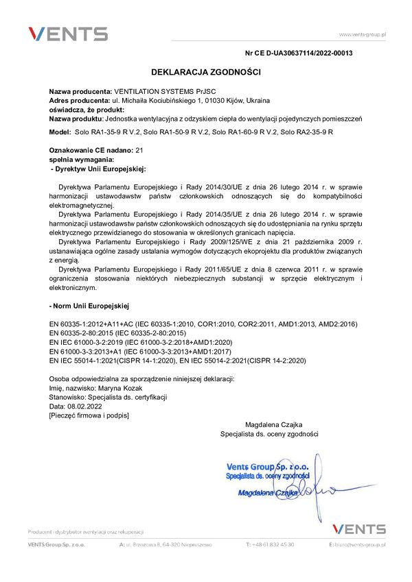 VENTS Solo RA1-35-9 R V.2 - EU declaration of conformity