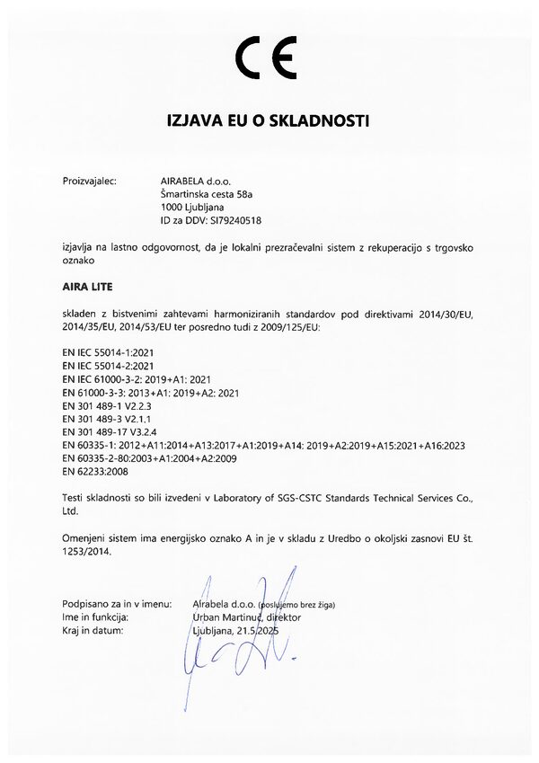 Megfelelőségi nyilatkozat AIRA LITE